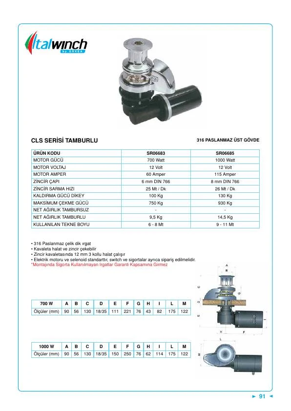 ITALWINCH CLS ZİNCİR IRGATI 700 W-12 V H.FENERLİ 06 MM