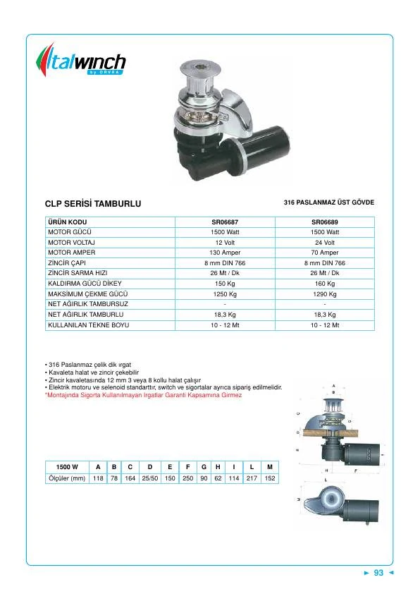 ITALWINCH CLP ZİNCİR IRGATI 1500 W-12 V H.FENERLİ 08 MM Z.